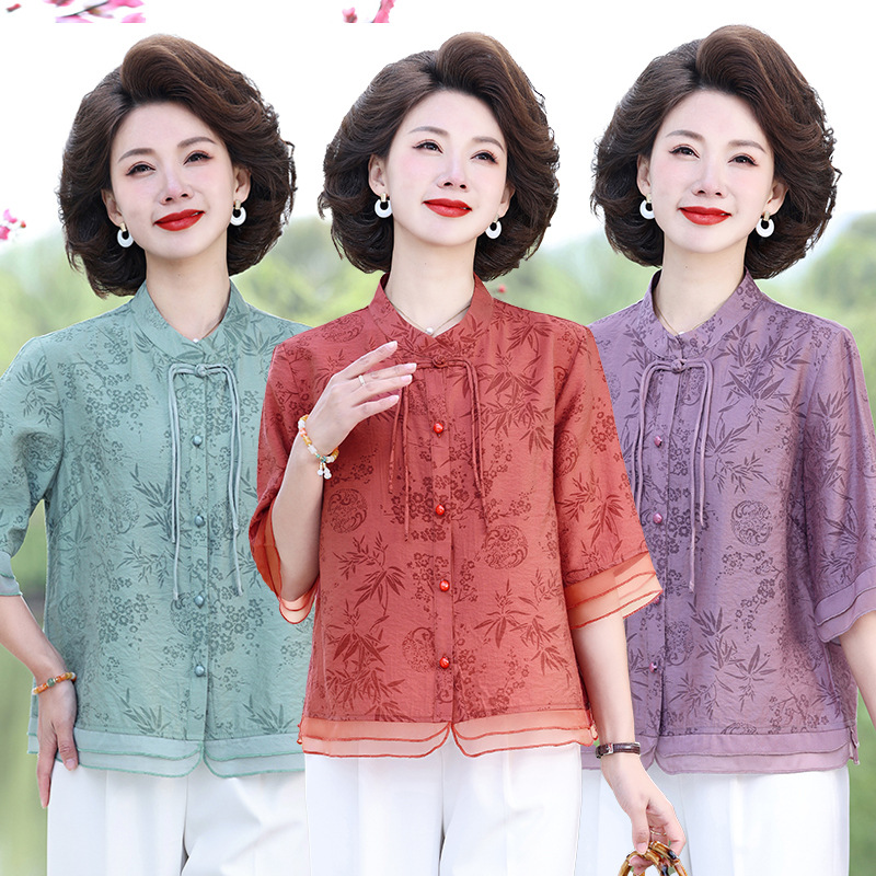 妈妈夏装新中式棉麻衬衫洋气中老年中袖衬衫女装春夏季国风上衣服