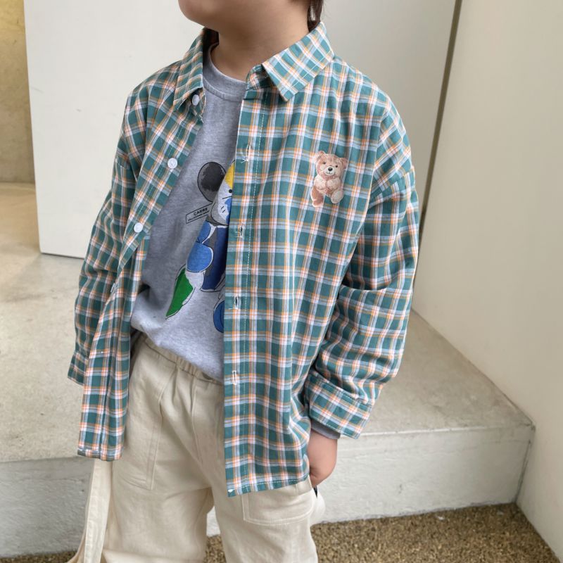 现货儿童格子衬衫2022春款男孩衬衣大童新款韩版小熊男童长袖衬衫