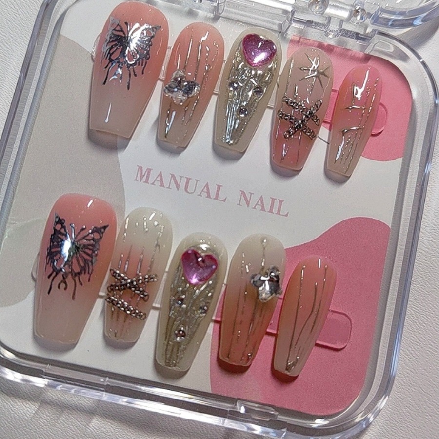 Popular Handmade Nail Beauty Hot Girl Relief Butterfly Pink Diamond Six-Pointed Star Sweet Cool Ins Style Wear Nail Manufacturers Batch