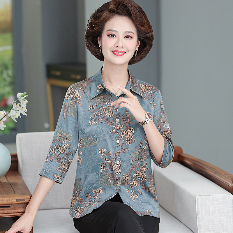 Mom's New Middle-Aged and Elderly Top Summer Women's Casual Loose Wide Lady Western Style 4050-Year-Old Printed Shirt Women