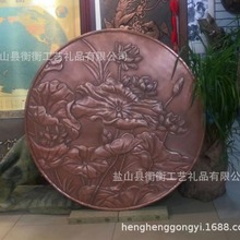 锻铜浮雕圆盘壁画荷花圆盘定 做手工錾刻影壁墙装饰画挂画工艺画