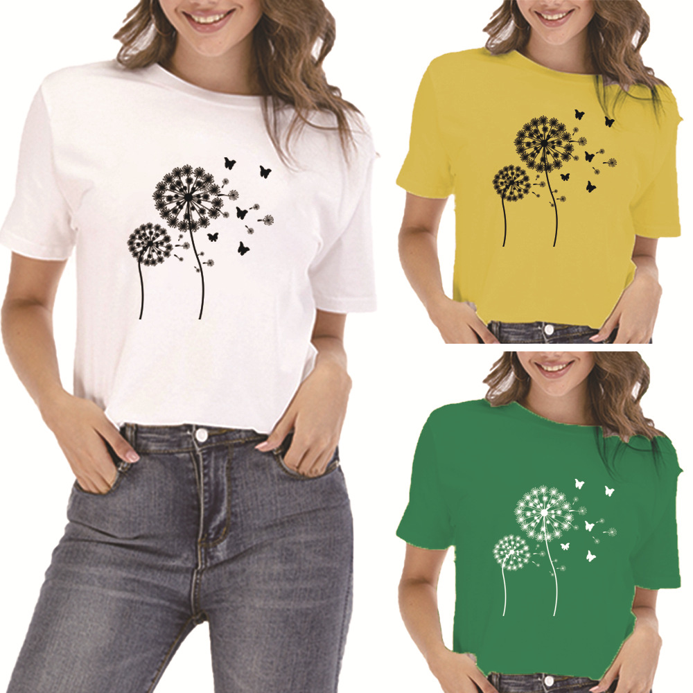 亚马逊跨境外贸蝴蝶蒲公英图案单色丝网印花女士t恤短袖欧美风格