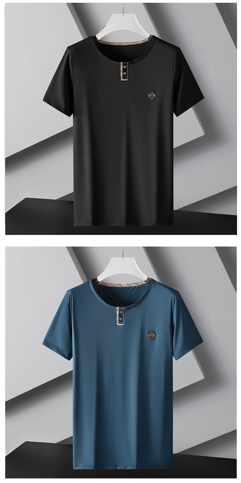 莱诗伯特男士锦纶高弹丝光短袖t恤夏季青年潮流短袖圆领半袖t恤衫