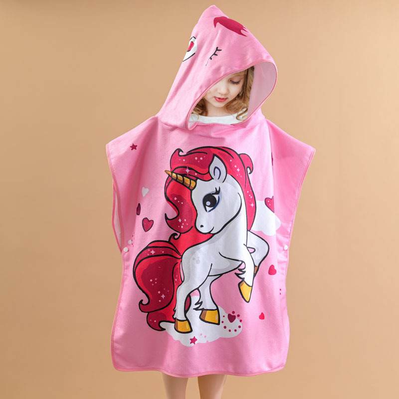 Children's Bath Towel Cape Polyester Cotton One Side Polyester One Side Cotton Boys and Girls Cartoon Printed Pattern Easy Absorbent Wearable Bathrobe