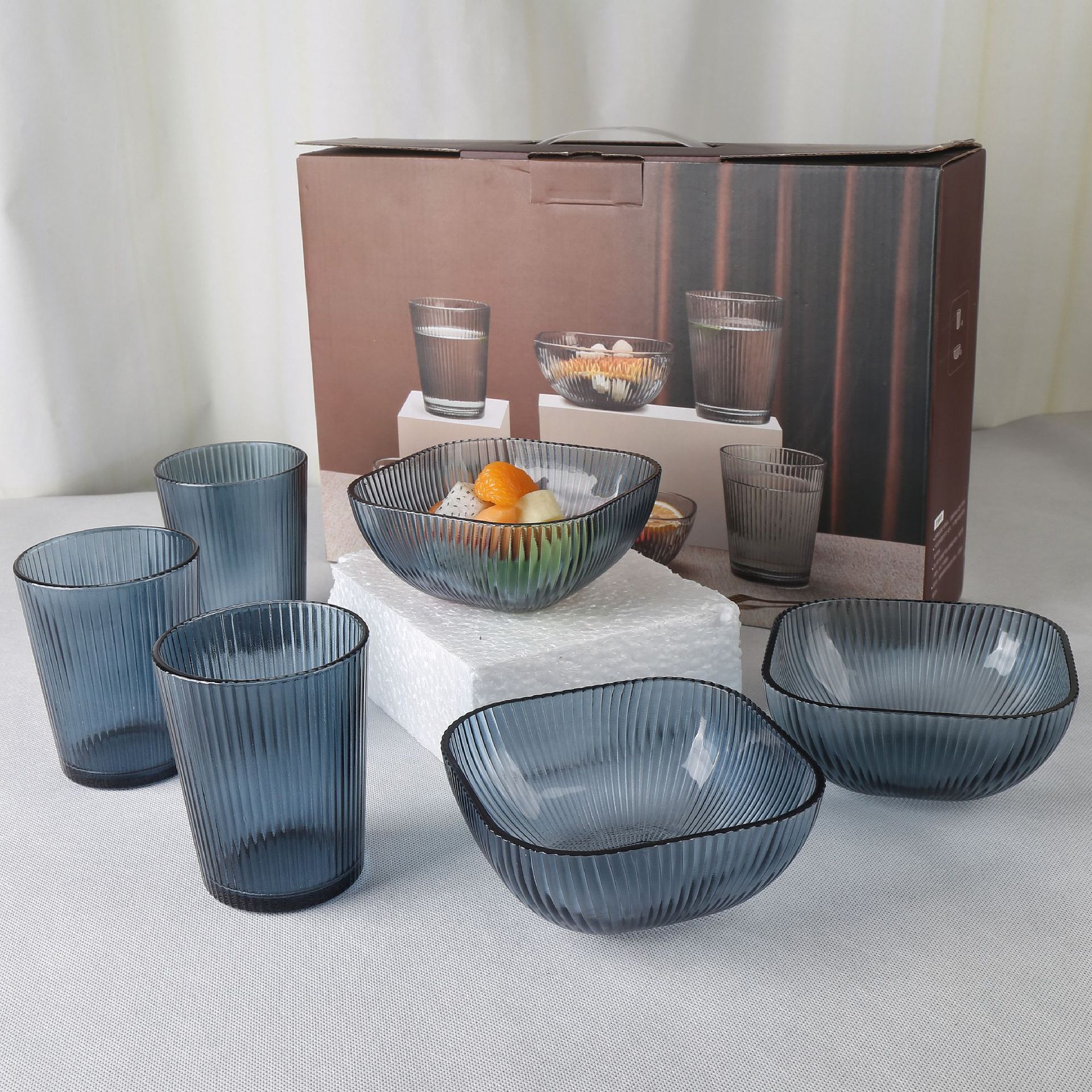 创意竖纹玻璃杯碗套装家用ins风随手杯家用沙拉碗六件套开业礼品
