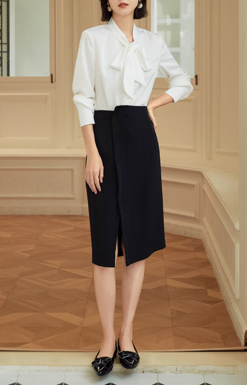 百姿秋季新品潮流蝴蝶结飘带女式衬衫通勤风纯色开衫圆领系带上衣详情7