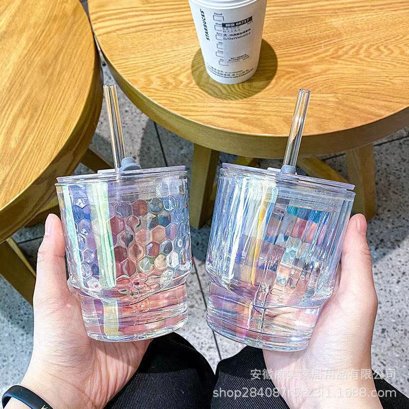 South Korea Ins Style Colorful Glass Girl Heart Glass Straw Cup Internet Celebrity Bamboo Glass Glass Glass Cup