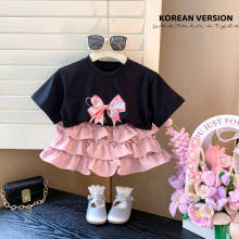 茶与可可2024夏季新款女童韩版蝴蝶结短袖T恤花边蛋糕裙裤两件套