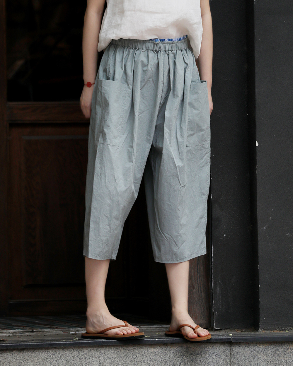 2020夏款苎麻棉灰豆色松紧腰抽绳撞色宽松阔腿7分马裤女