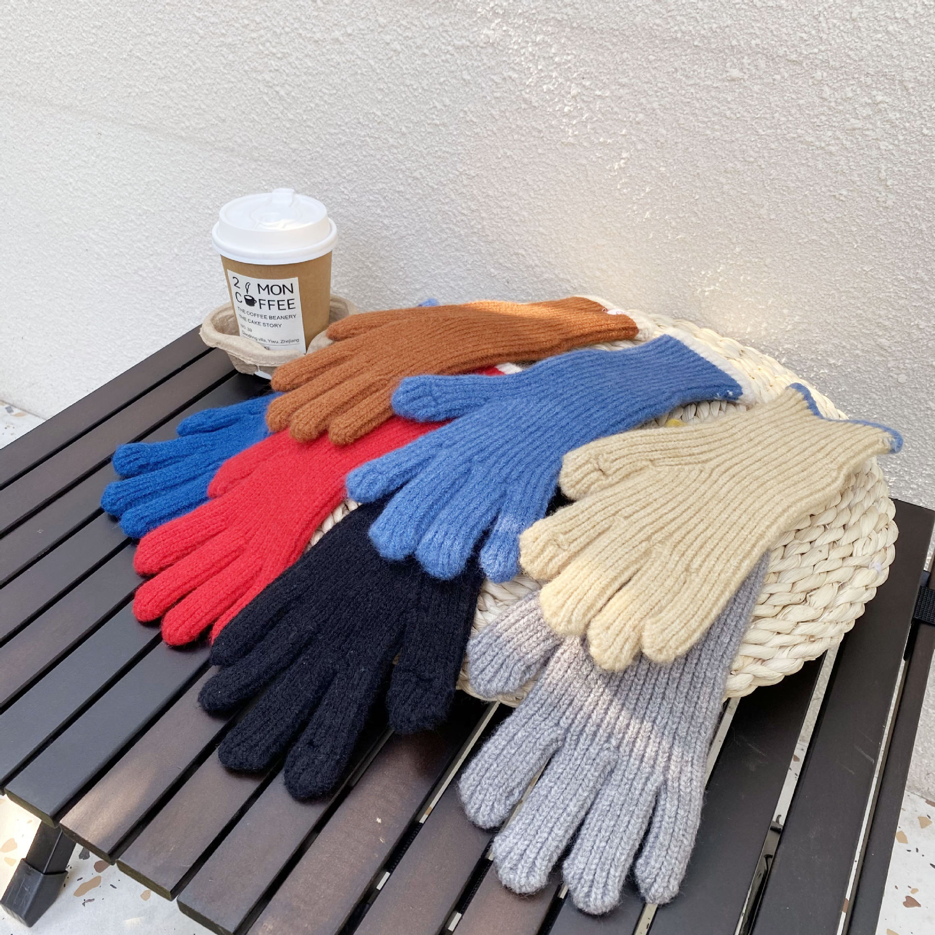 韩国东大门网红针织撞色分指手套破洞可触屏纯色毛线五指手套男女