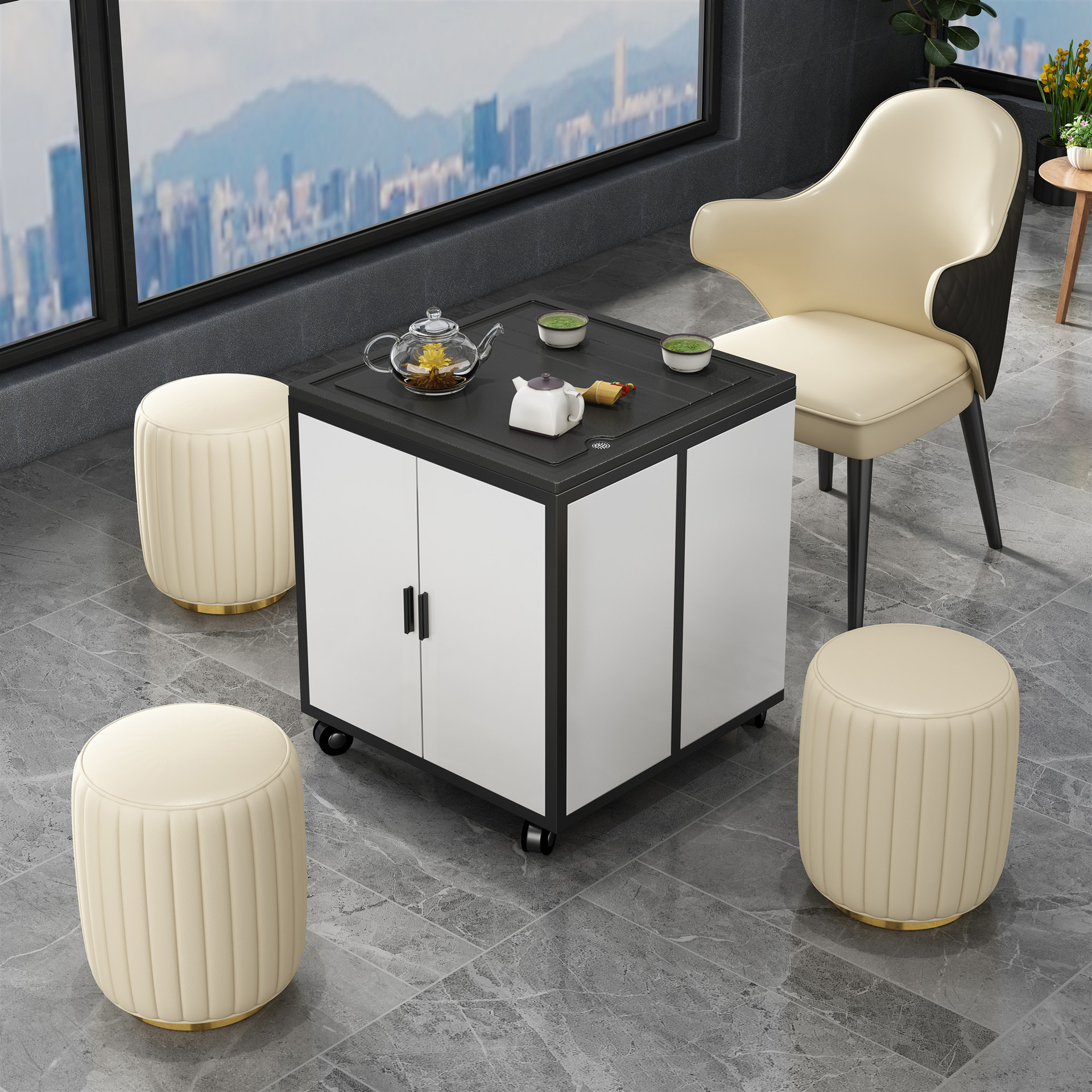轻奢阳台小茶台茶桌椅组合家用可移动北欧茶桌方形功夫火烧石茶几