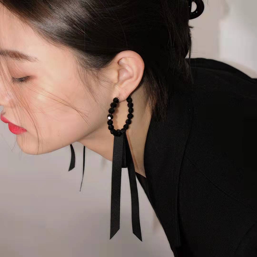 爆款情人节礼物 韩国性感黑色飘带长款耳环网红ins夸张大气耳饰女