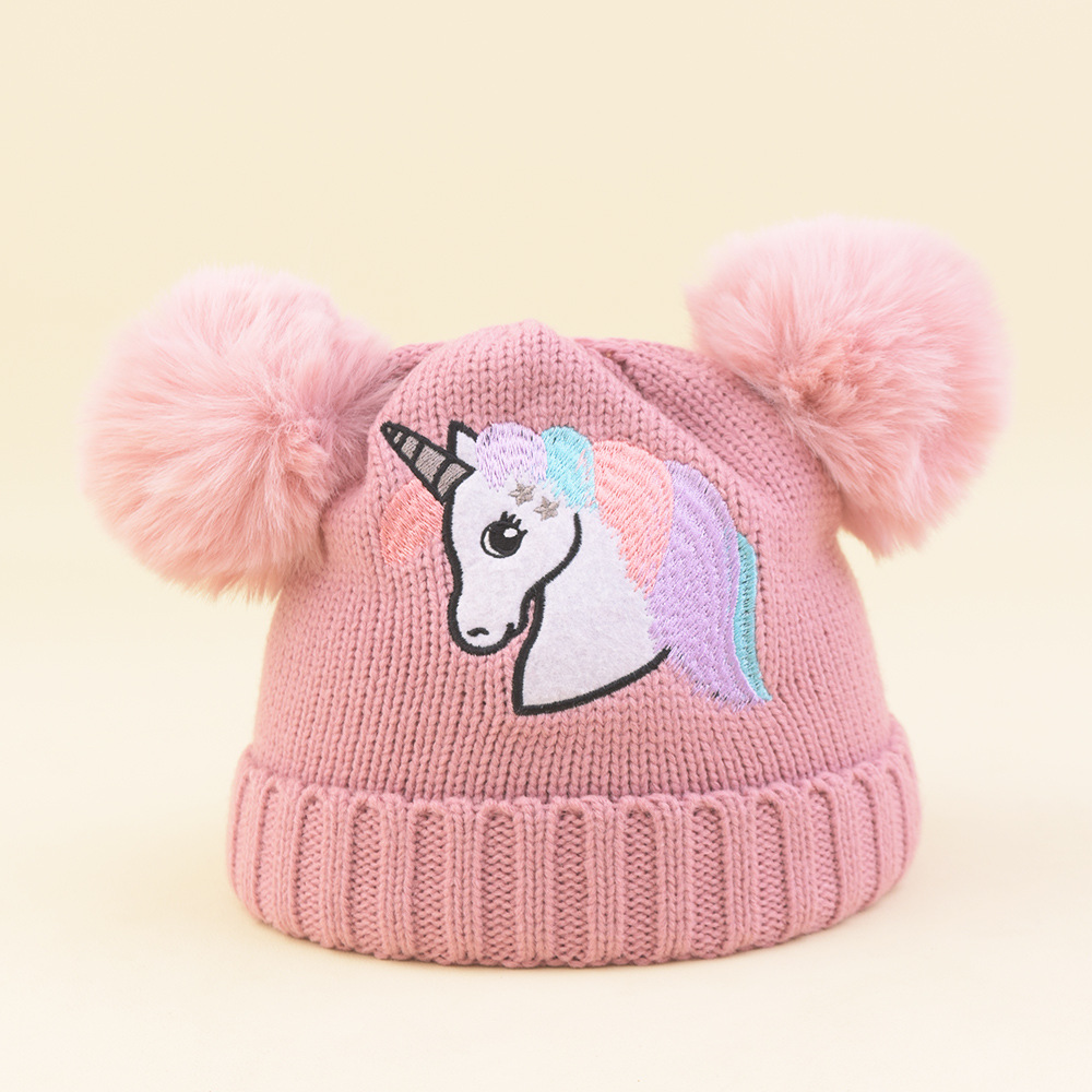 New Cute Unicorn Children's Knitted Hat Winter Warm Wool Hat Baby Girl Outdoor Double Ball Pullover Hat