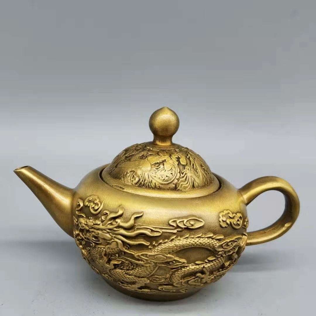 批发收藏古玩杂项铜器工艺品黄铜双龙壶茶壶酒壶摆件乾隆御制