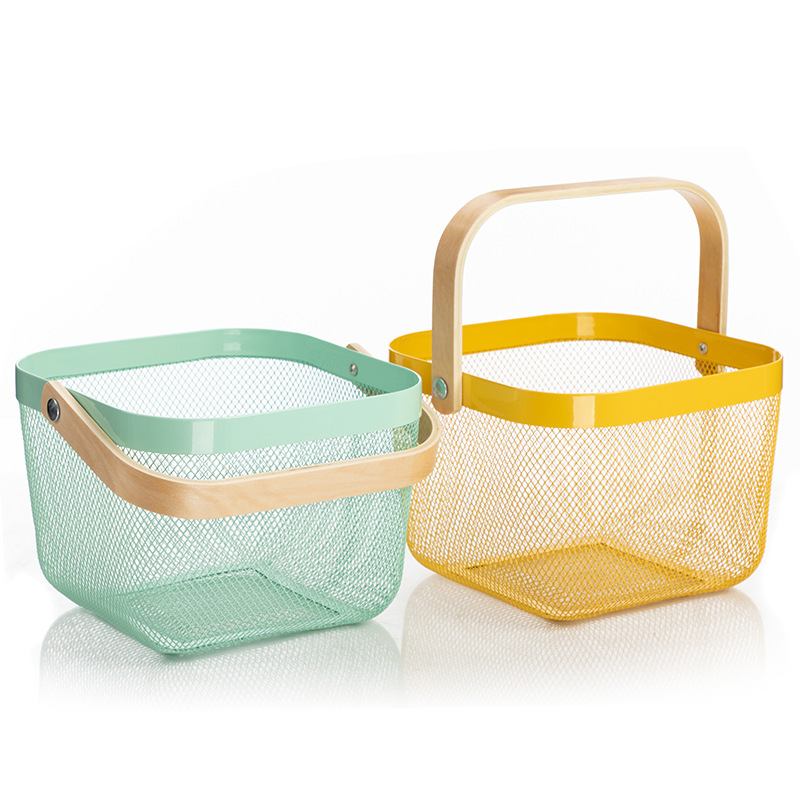 Rishato Wooden Handle Basket Factory Wholesale White Iron Wire Small Basket Storage Basket Wire Basket Fruit Basket