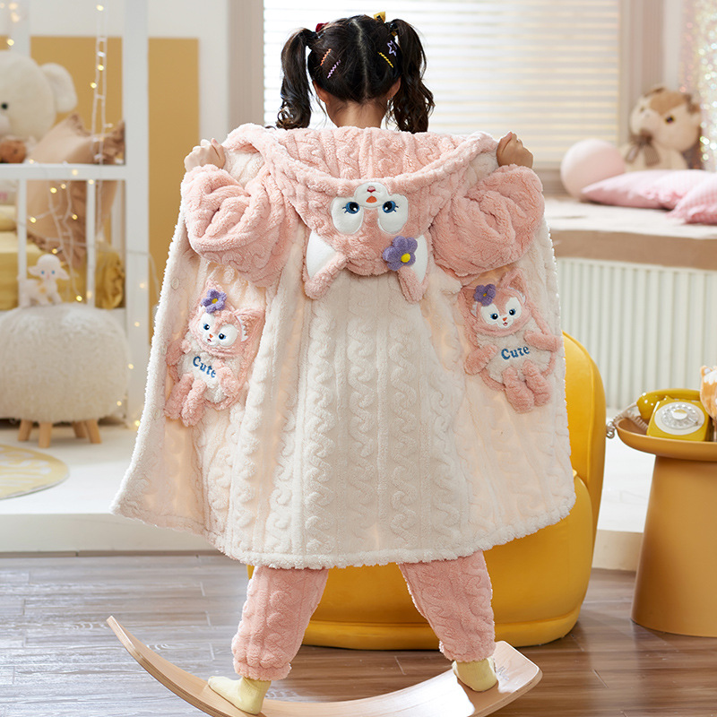 Girls' Pajamas Children's Nightgown Flannel Thick Coral Fleece Autumn and Winter Set Bathrobe Children and Teens' Loungewear Women