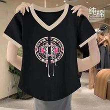 新中式国风拼色V领短袖T恤女士2024夏季新款印花上衣