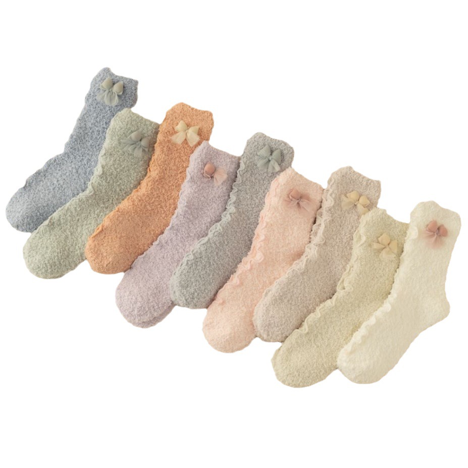 Autumn and Winter Thickening Velvet Coral Fleece Women's Socks Mid-Calf Terry-Loop Hosiery Warm Sleep Towel Bow Floor Socks