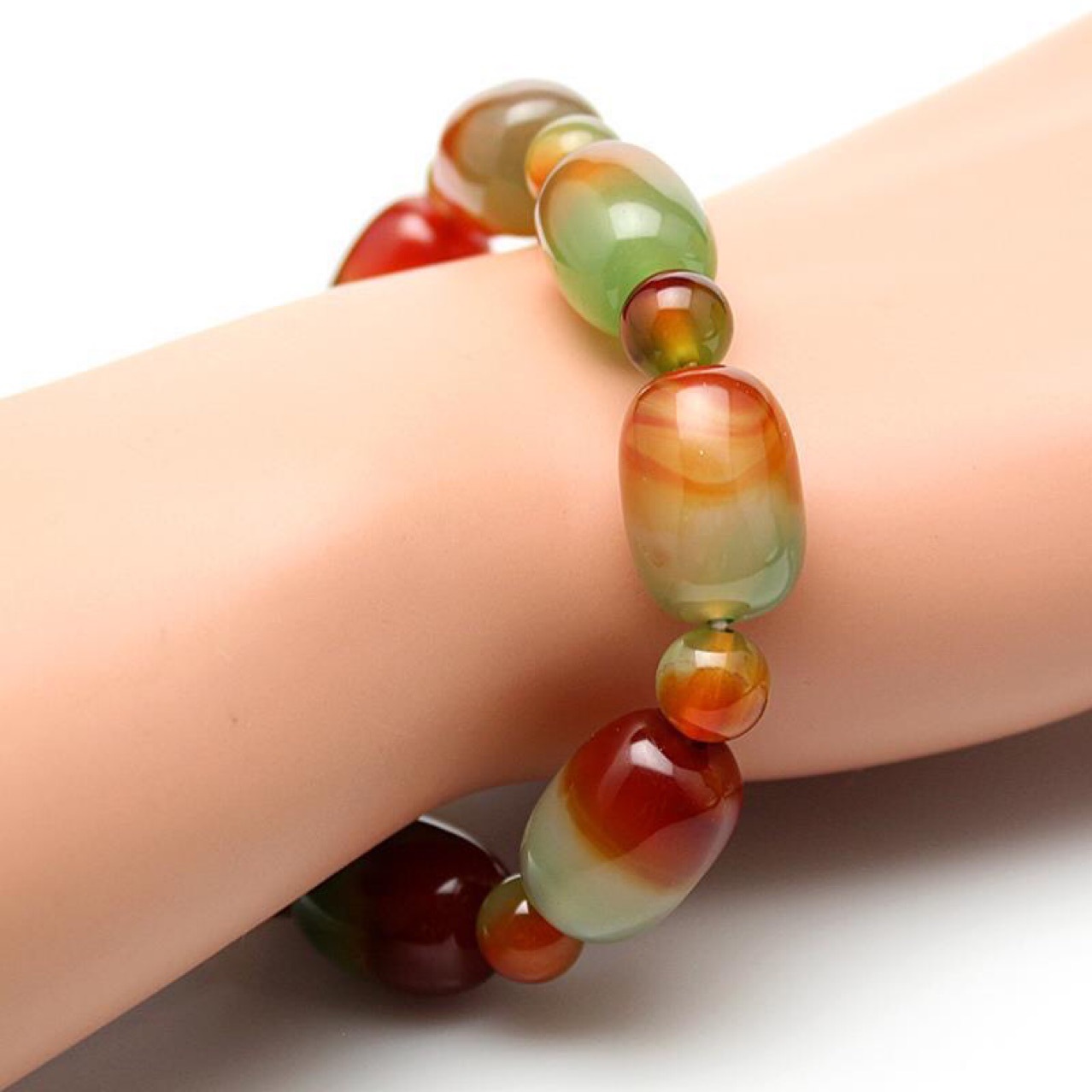 天然孔雀玛瑙手链桶珠玛瑙饰品手链玛瑙老型珠手串手链多宝色饰品