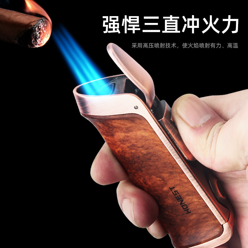 百诚雪茄打火机防风可充气耐用高档创意合金三直冲送