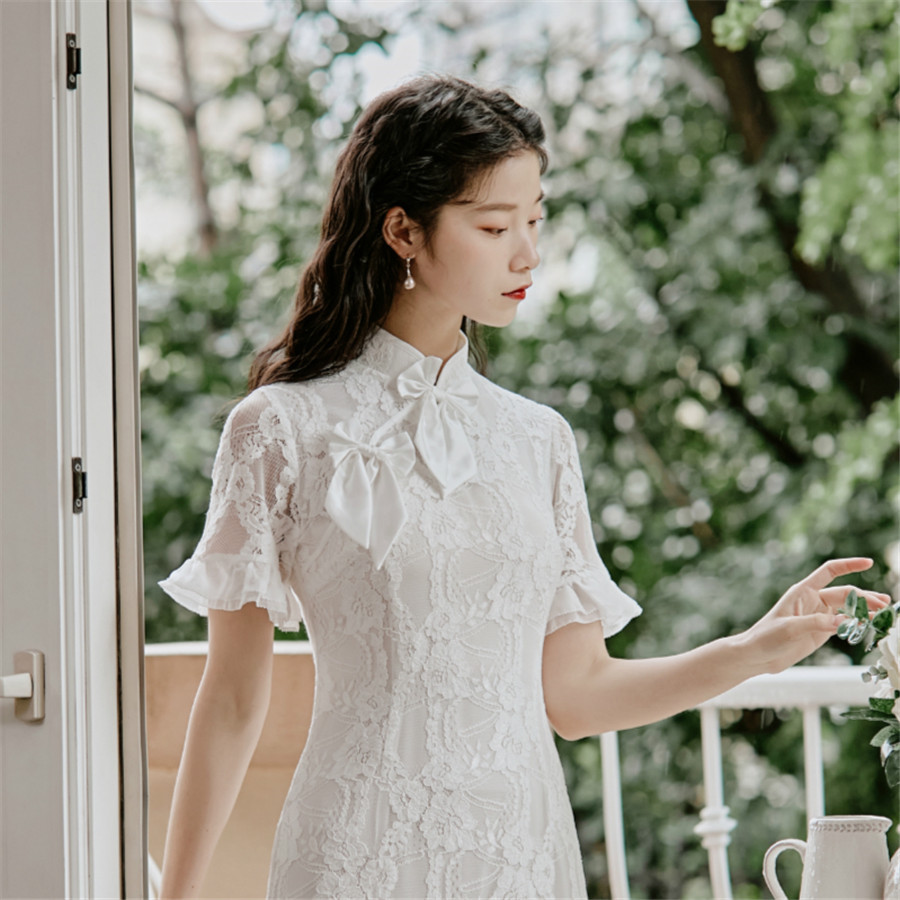 旗袍蕾丝白色民国风年轻款法式婚纱连衣裙中长款