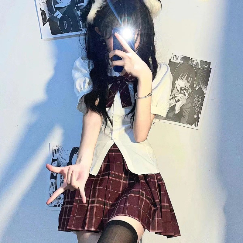 日系jk制服套装短袖衬衫女学生纯欲显瘦后绑带衬衣上衣沙华百褶裙