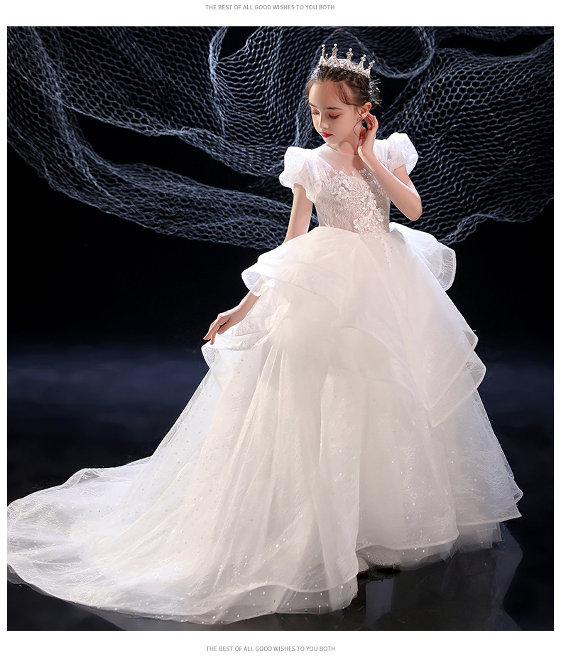 儿童礼服模特走秀拖尾花童婚礼小女孩主持人钢琴演奏女童白色婚纱