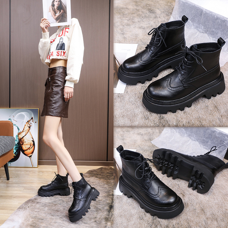 2021秋季新款真皮马丁靴女 厚底内增高搭扣靴子女 休闲拉链学生鞋￥83