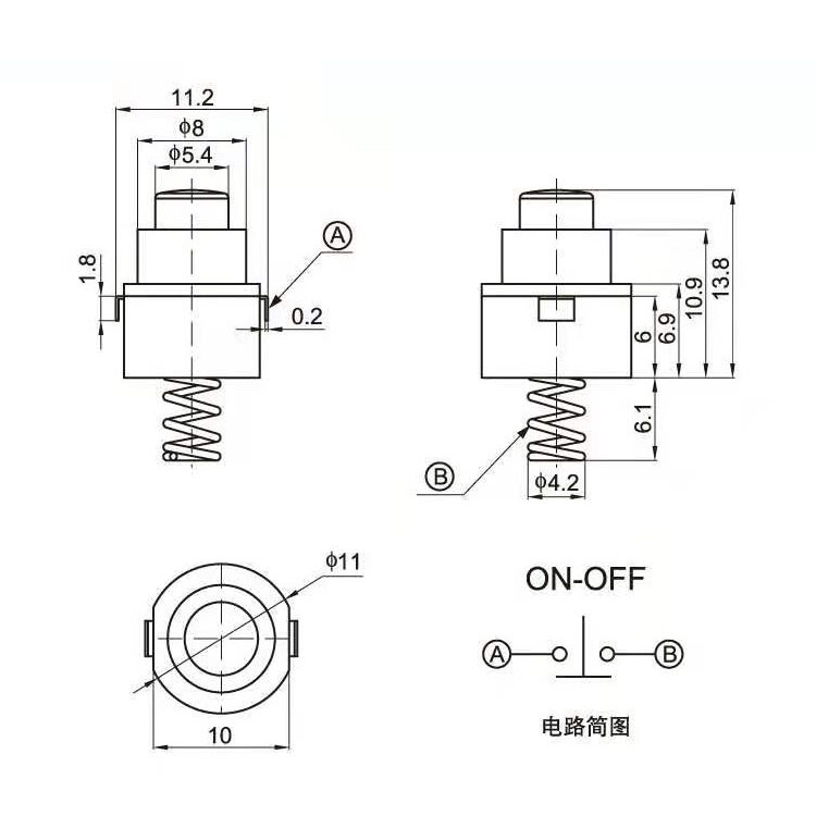 yt-1011-a手电筒开关 一开一关圆形带弹簧自锁手电筒尾部按钮开关
