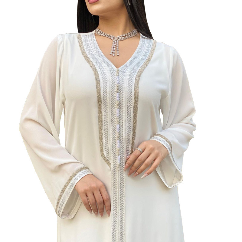 Ab084 Middle East Women's Clothing Cross-Border New Arrival V-neck Abaya Robe Muslim Large Swing Dress with Vest Two-Piece Set