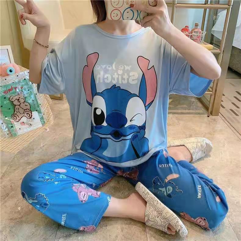 Southeast Asian Fashion Pajamas Women's Summer Short Sleeve Trousers Milk Silk Pajamas Cartoon Loose Home Wear Foreign Trade