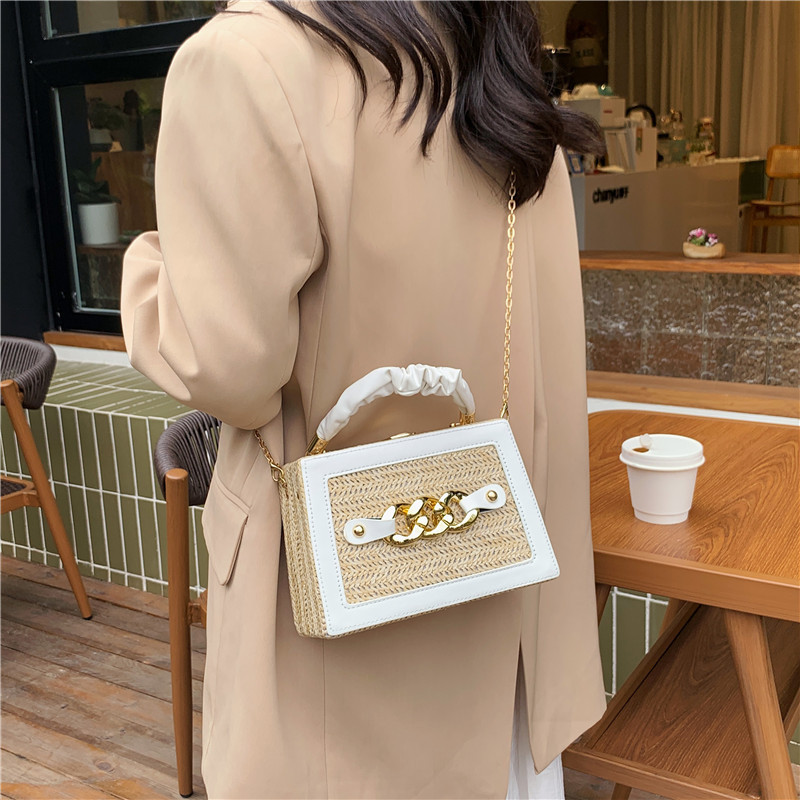 Women's Bag 2022 New Korean Style Fashion Thick Chain Messenger Bag Ins Trending Girl Single Straw Woven Box Bag