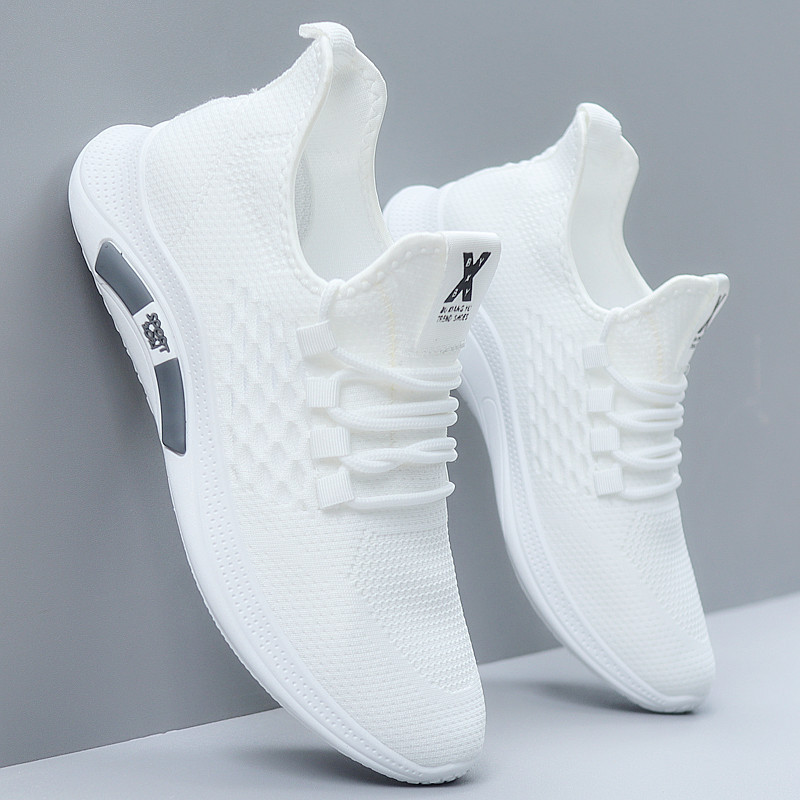 Cross-Border Men's Shoes 2023 New White Shoes Spring and Summer Flyknit Breathable Sneakers Running Casual Shoes Light Mesh Shoes