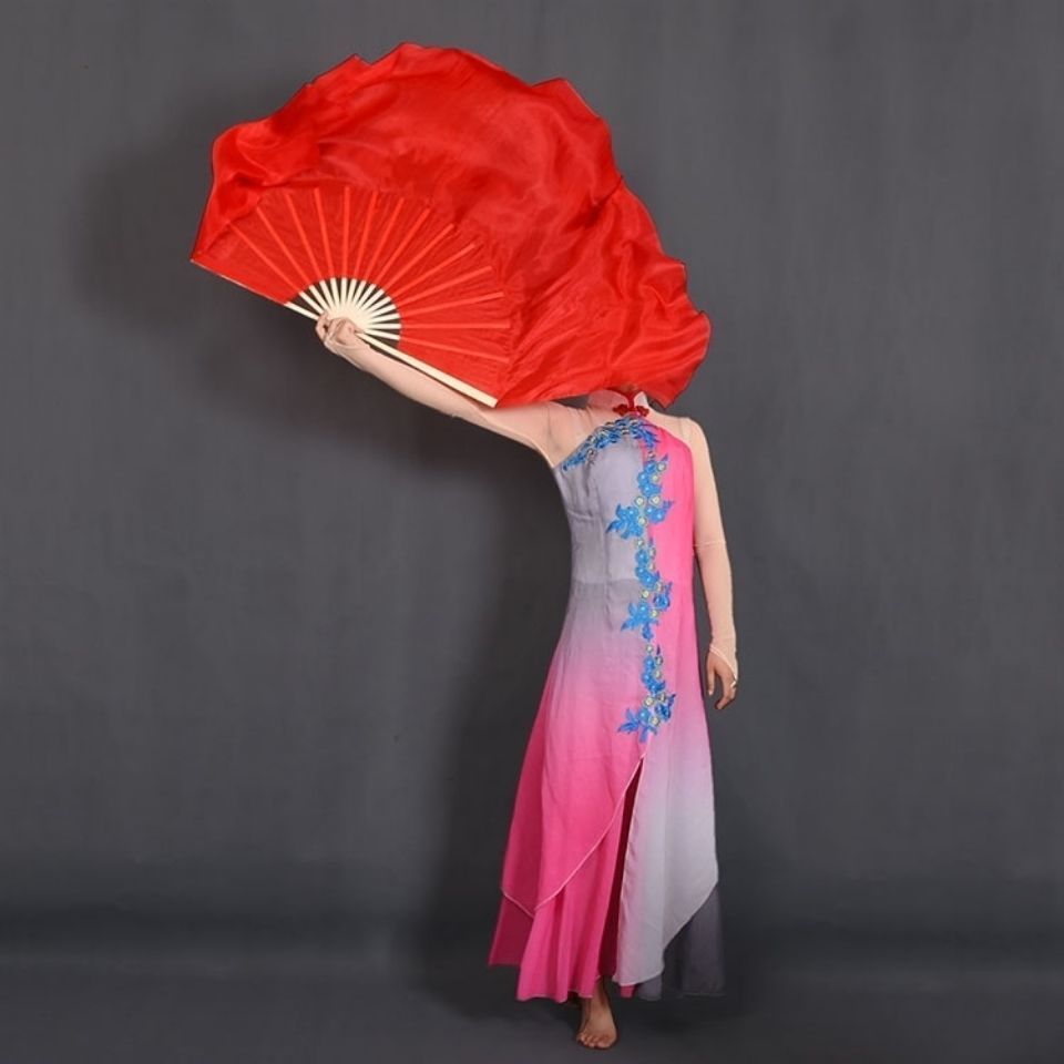 中国红舞蹈扇咉山红跳舞扇双面加长纯大红色舞蹈扇子开场舞长绸扇