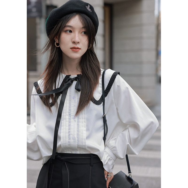 chacha法式宫廷风荷叶领长袖白色衬衫女春秋新款撞色上衣复古衬衣