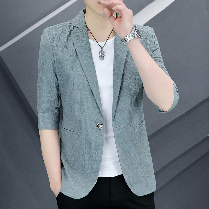 夏季男士中袖西服韩版潮流薄款七分袖小西装青年休闲英伦一件代发