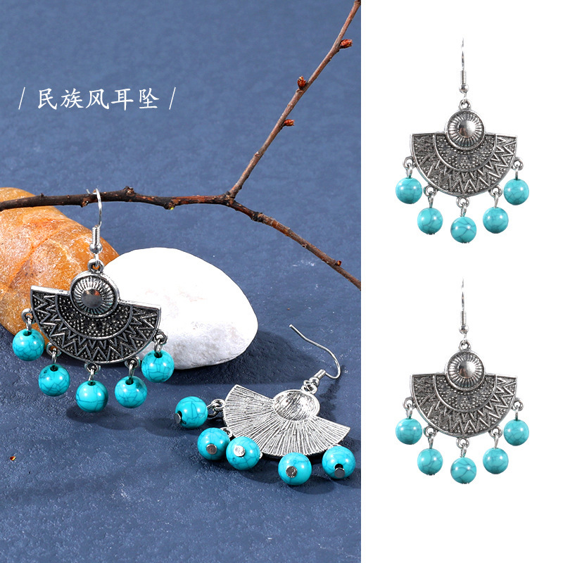 Amazon Hot Ethnic Style Vintage Earrings Antique Style Tassel Fan-Shaped Delicate Earrings Turquoise Fashion Ornament