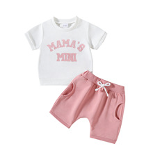 跨境外贸童装女宝夏季新款圆领字母印花短袖T恤+粉色短裤两件套