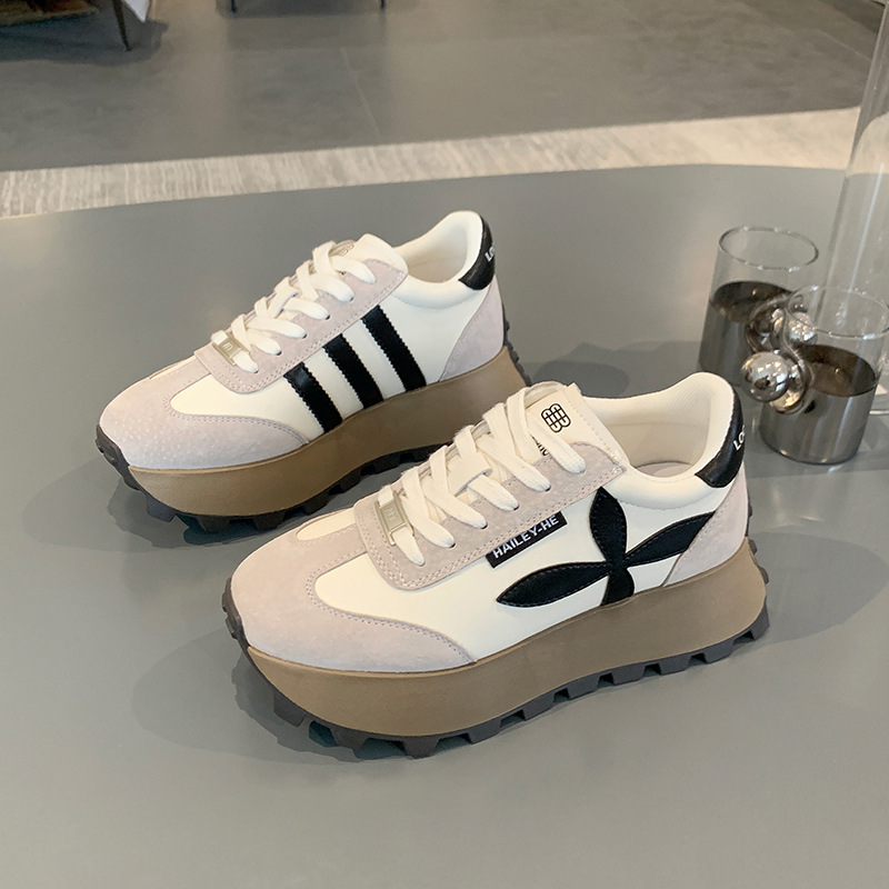 真皮厚底华夫阿甘鞋女2024春季新款十字花复古小蛮腰运动休闲女鞋