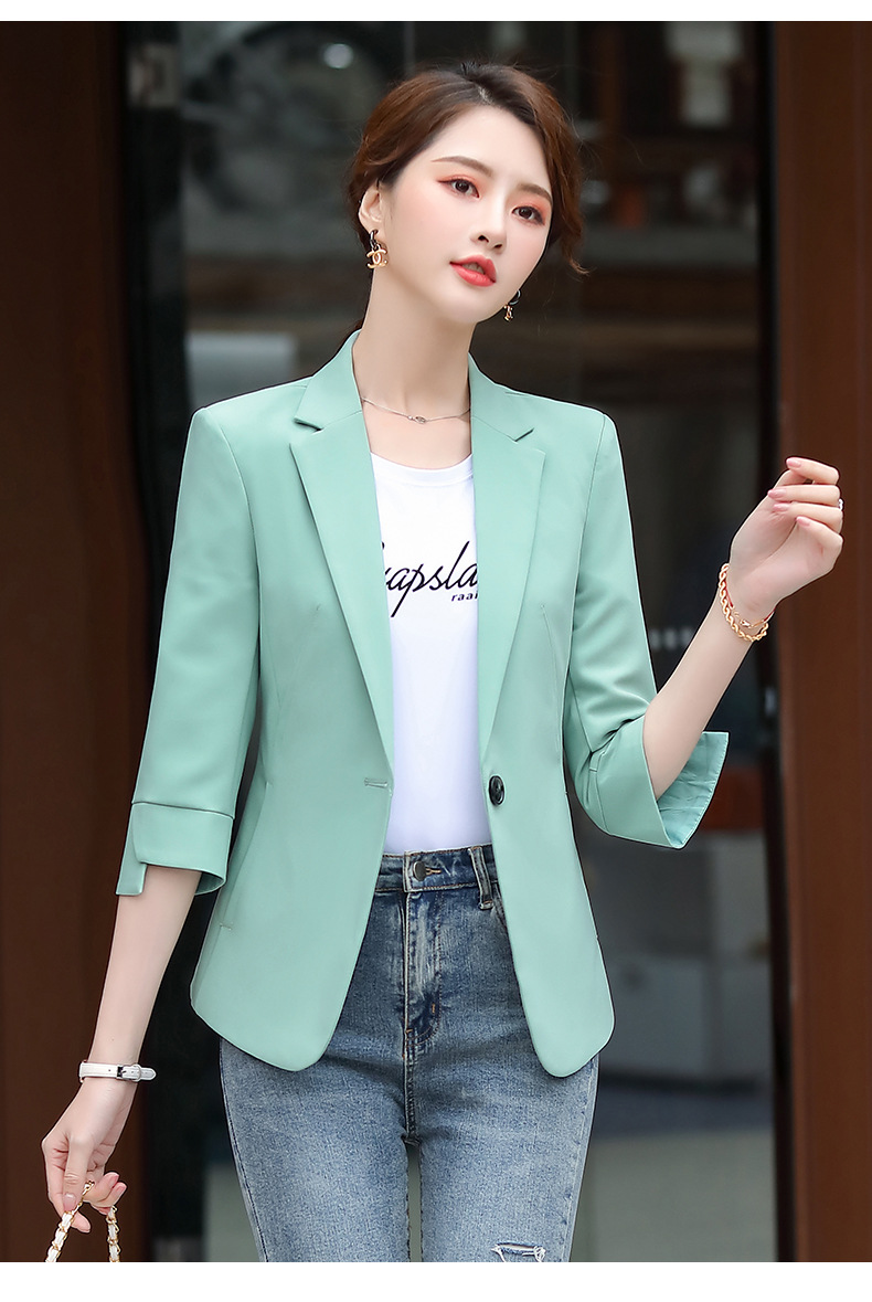 春秋绿色一粒扣职业装女士小西装韩版休闲短款小个子修身休闲外套
