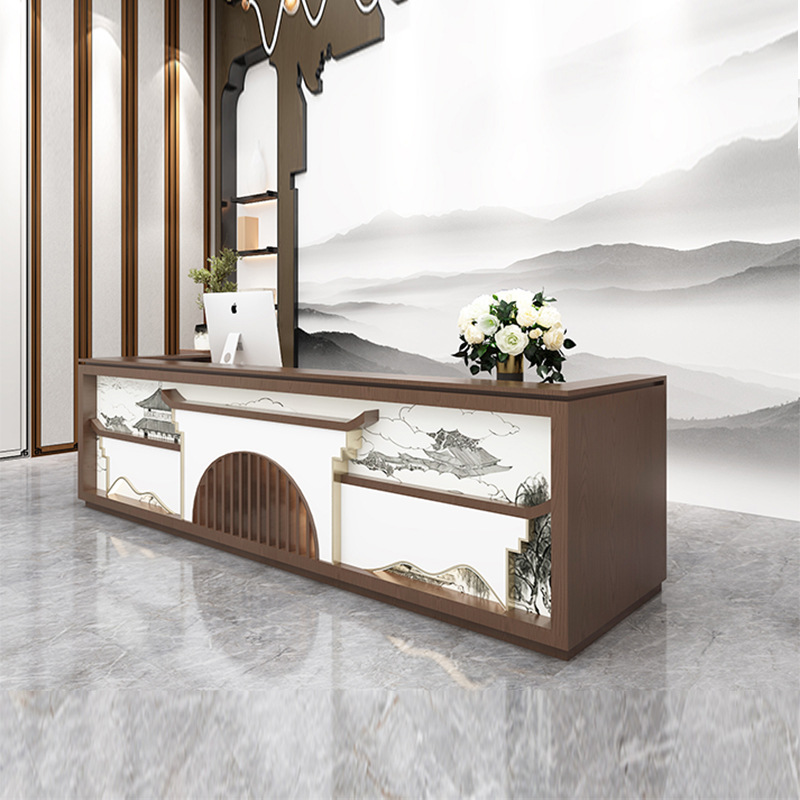 新中式公司前台采耳店接待台美容馆服务台复古茶楼吧台收银台