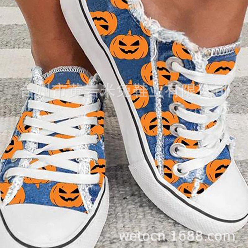 欧美万圣节南瓜怪印花图案拼色休闲浅口单鞋女平底鞋大码外贸批发
