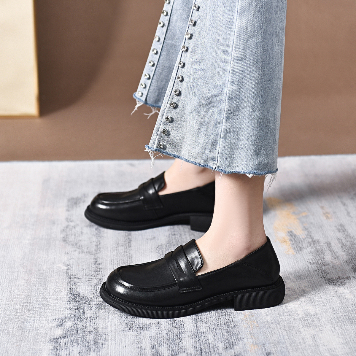 乐福鞋女2022春季新款黑色平底头层牛皮低帮单鞋小皮鞋休闲懒人鞋