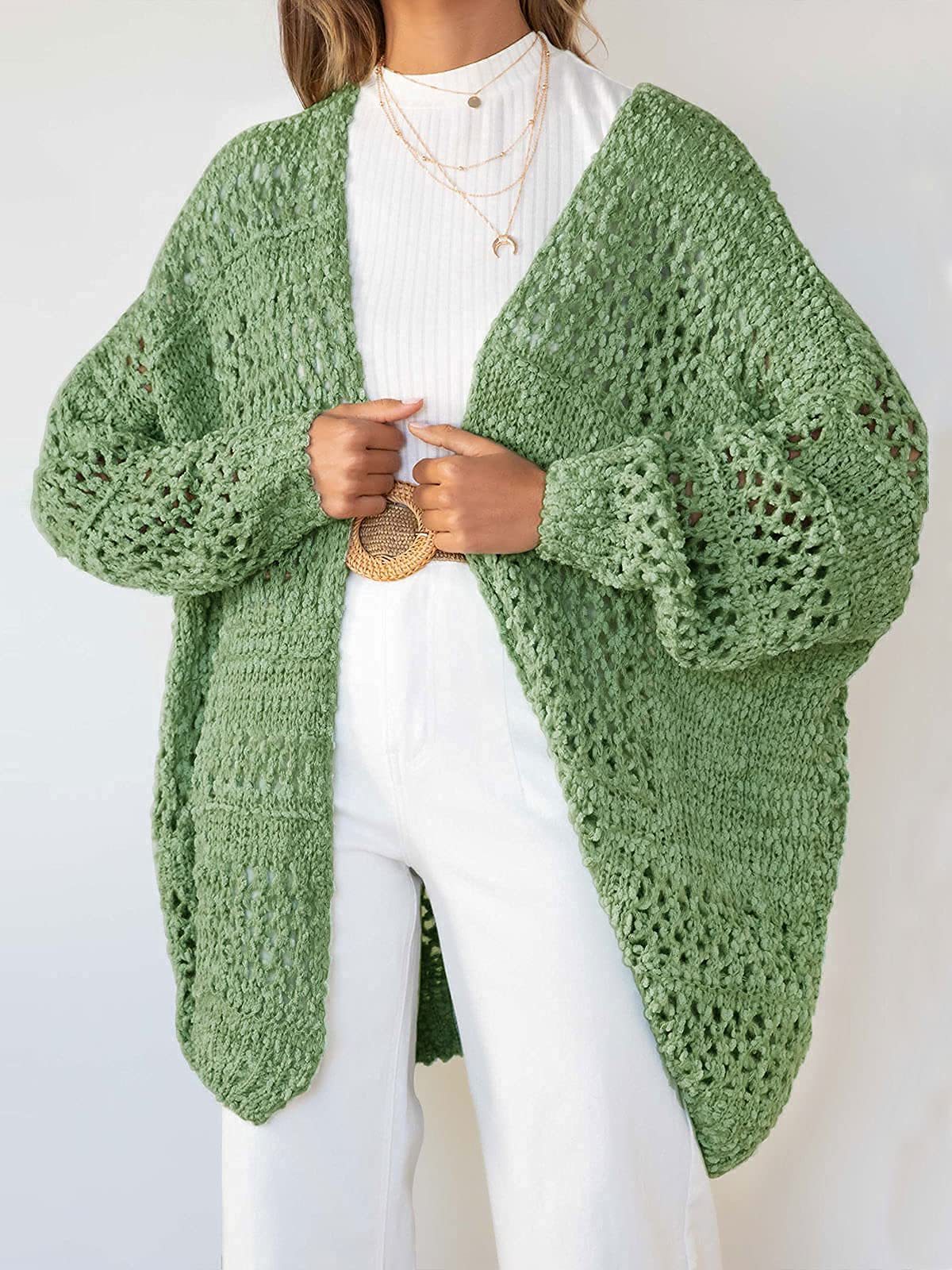 亚马逊欧美女士大码针织衫中长款长袖蝙蝠镂空毛衣开衫外套女秋冬