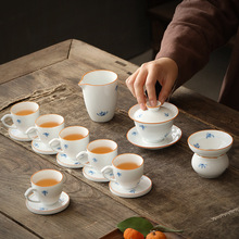 手绘蝴蝶兰花盖碗茶杯套装不烫手抓碗家用陶瓷功夫茶具茶碗