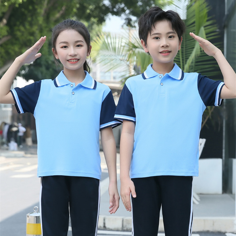 夏季短袖t恤小学生校服套装儿童polo衫浅蓝白红上衣男女厂家直销