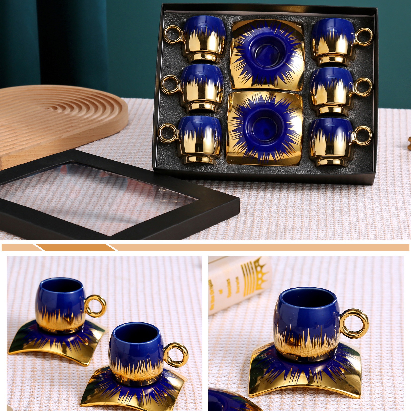Cross-Border New Arrival Color Glaze European Ceramic Coffee Set Middle East High-End Gold Plating 6 Cups 6 Plates Gift Set Gifts