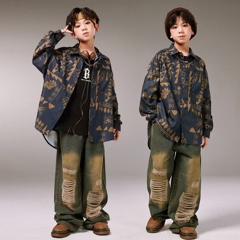 街舞儿童潮服男童嘻哈hiphop童装废土风牛仔套装女童炸街演出服装