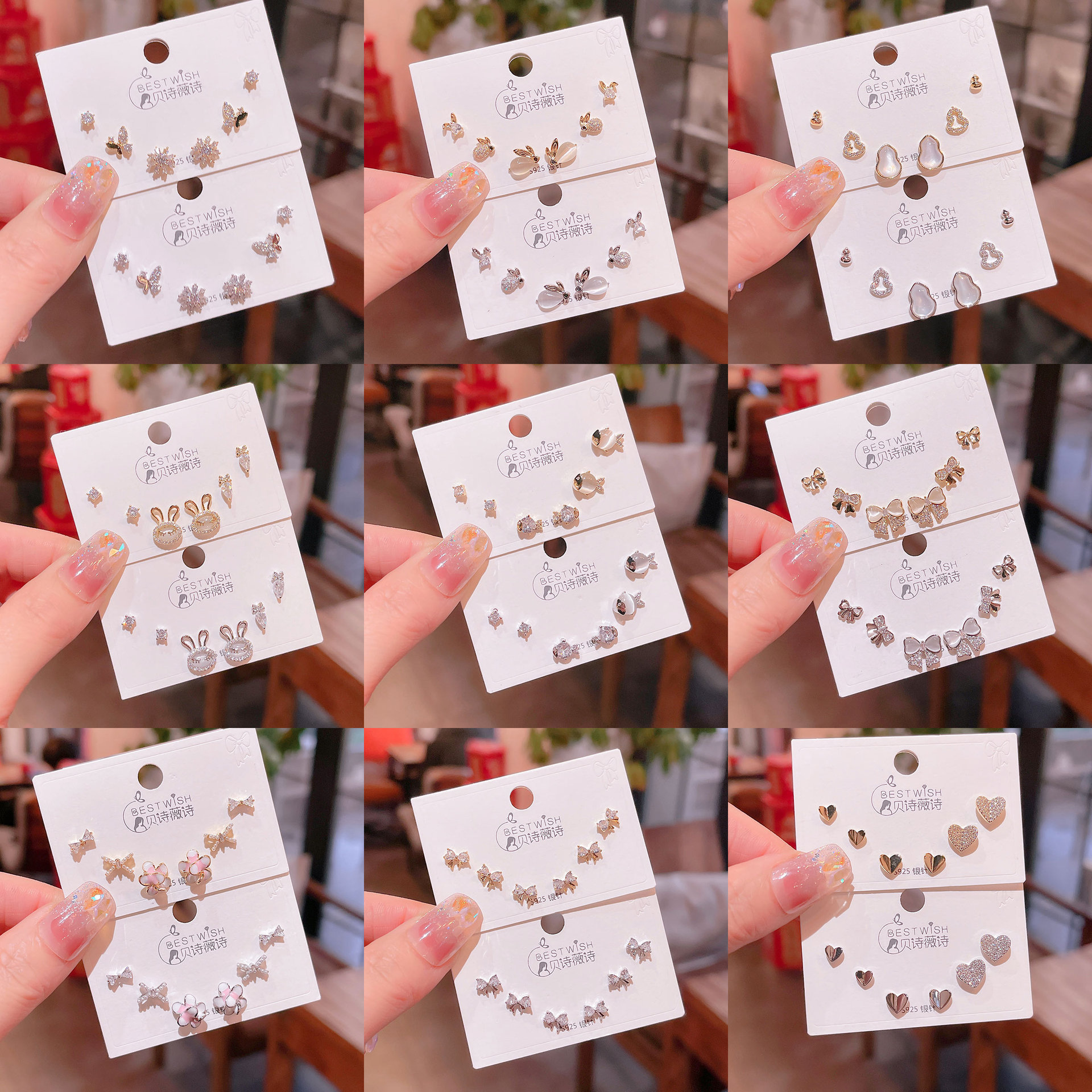 6.4 updated new copper inlaid zircon gold plated 6 three pairs small ear studs collection high sense silver pin earrings decoration
