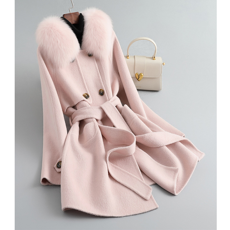 高端双面羊毛大衣女中长款2023冬季新款狐狸毛领小个子毛呢外套